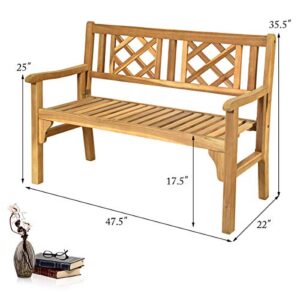Giantex Patio Wooden Bench, 4 Ft Foldable Acacia Garden Bench, Two Person Loveseat Chair with Curved Backrest and Armrest Ideal for Patio, Porch or Balcony (Teak)