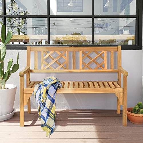 Giantex Patio Wooden Bench, 4 Ft Foldable Acacia Garden Bench, Two Person Loveseat Chair with Curved Backrest and Armrest Ideal for Patio, Porch or Balcony (Teak)