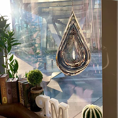 Jorontall Wind Spinner Stainless Steel 3D Flowing Light Effect Decoration for Outdoor Garden Hanging Decor Gifts 12“x 8“ Silver Water Drop-Shaped Spinners with 360° Rotating Hook