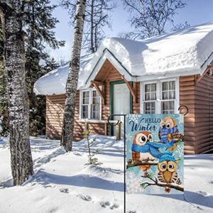 Covido Home Decorative Hello Winter Owls Family Garden Flag, Animals Yard Outside Decorations, Snow Farmhouse Outdoor Small Decor Double Sided 12x18