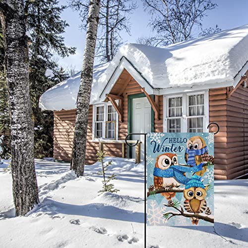 Covido Home Decorative Hello Winter Owls Family Garden Flag, Animals Yard Outside Decorations, Snow Farmhouse Outdoor Small Decor Double Sided 12x18