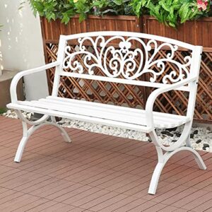 patio park garden bench outdoor metal benches with armrests for park, cast iron steel frame chair front porch path yard lawn decor deck furniture for 2-3 person seat (color : white, size : a)