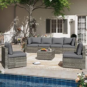 lausaint home outdoor patio furniture, 7 pieces outdoor sectional pe rattan wicker patio furniture sets, all weather garden conversation seat with cushion and glass coffee side table (grey)