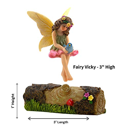 PRETMANNS Fairy Garden Fairies - Fairy Garden Accessories - Fairies for Fairy Garden Outdoor - Garden Fairy Figurine Vicky on Log for Miniature Garden 2 Items