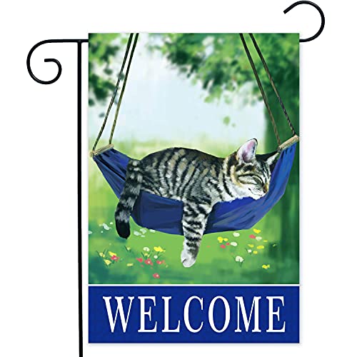 Welcome spring cat garden flags for outside 12x18, seasonal flags with cats double sided house flags, fall House Yard Lawn Decor Holiday Funny Garden Yard Decoration