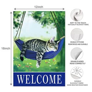 Welcome spring cat garden flags for outside 12x18, seasonal flags with cats double sided house flags, fall House Yard Lawn Decor Holiday Funny Garden Yard Decoration