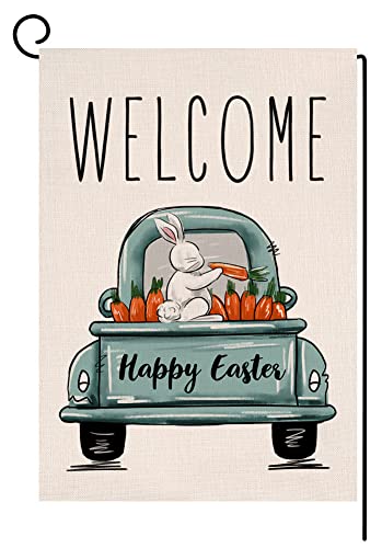 Sambosk Easter Bunny Carrot Small Garden Flag Vertical Double Sided Burlap Happy Easter Truck Spring Farmhouse Yard Outdoor Decoration 12 x 18 Inches