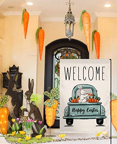 Sambosk Easter Bunny Carrot Small Garden Flag Vertical Double Sided Burlap Happy Easter Truck Spring Farmhouse Yard Outdoor Decoration 12 x 18 Inches