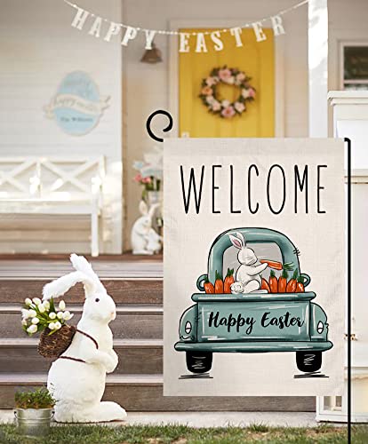 Sambosk Easter Bunny Carrot Small Garden Flag Vertical Double Sided Burlap Happy Easter Truck Spring Farmhouse Yard Outdoor Decoration 12 x 18 Inches