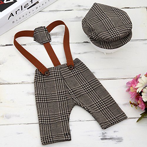 Baby Photography Props Newborn Boy Photo Shoot Outfits Infant Gentleman Suit Lattice Outfit Hats (Coffee)