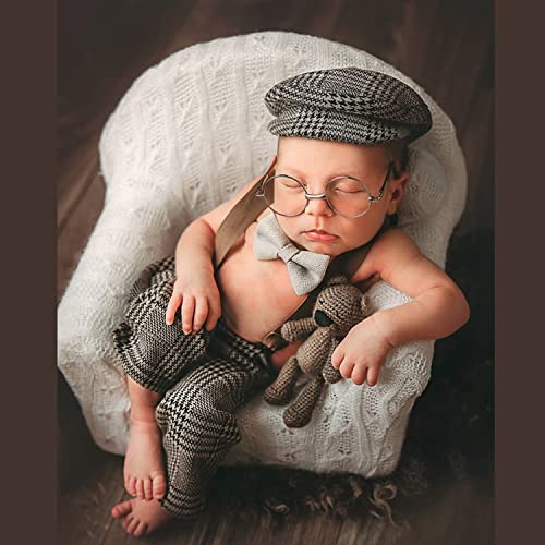 Baby Photography Props Newborn Boy Photo Shoot Outfits Infant Gentleman Suit Lattice Outfit Hats (Coffee)