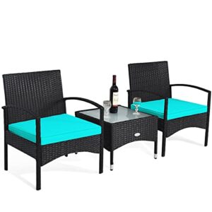 tangkula 3 pieces patio wicker rattan furniture set, rattan chair with coffee table, high load bearing chair conversation sets for patio garden lawn backyard pool