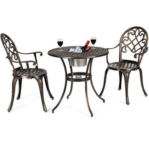 Giantex 3pcs Bistro Table Set Cast Aluminum Outdoor Patio Furniture Set Round Table W/Removable Ice Bucket, 2 Chairs Antique Garden Furniture Weather Resistant (Antique Bronze)