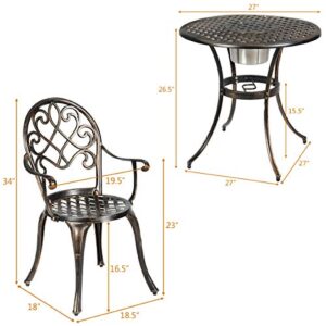 Giantex 3pcs Bistro Table Set Cast Aluminum Outdoor Patio Furniture Set Round Table W/Removable Ice Bucket, 2 Chairs Antique Garden Furniture Weather Resistant (Antique Bronze)