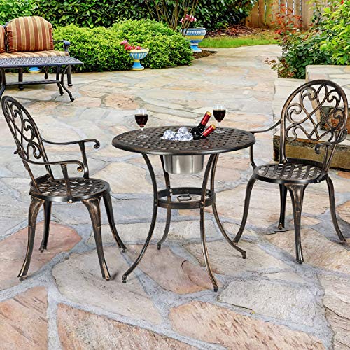 Giantex 3pcs Bistro Table Set Cast Aluminum Outdoor Patio Furniture Set Round Table W/Removable Ice Bucket, 2 Chairs Antique Garden Furniture Weather Resistant (Antique Bronze)