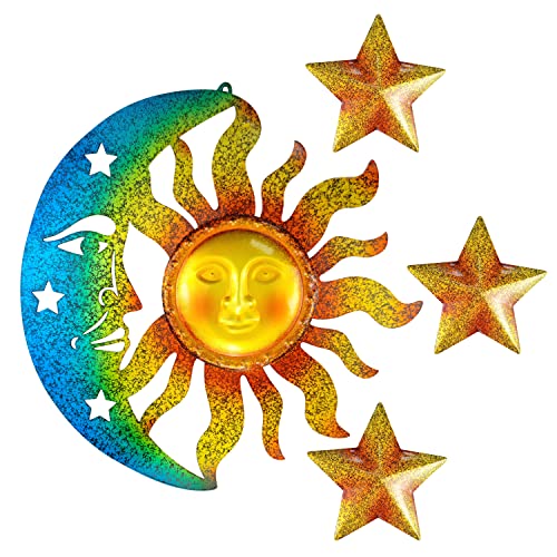 Sun Moon Star Wall Art Sculpture Decor - 4 PCS Large Metal Sun and Moon Wall Art Outdoor Sun Moon Wall Hanging Decor Artistic Sun Face Decor with Star Decors, Metal Wall Sculpture for Home Garden Patio Porch Fence Decoration