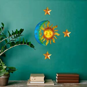 Sun Moon Star Wall Art Sculpture Decor - 4 PCS Large Metal Sun and Moon Wall Art Outdoor Sun Moon Wall Hanging Decor Artistic Sun Face Decor with Star Decors, Metal Wall Sculpture for Home Garden Patio Porch Fence Decoration