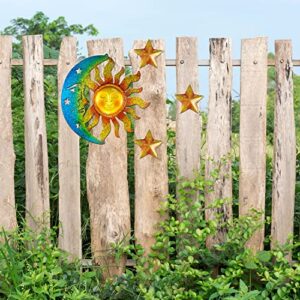 Sun Moon Star Wall Art Sculpture Decor - 4 PCS Large Metal Sun and Moon Wall Art Outdoor Sun Moon Wall Hanging Decor Artistic Sun Face Decor with Star Decors, Metal Wall Sculpture for Home Garden Patio Porch Fence Decoration