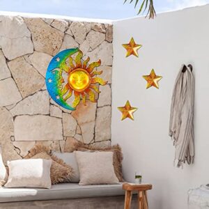 Sun Moon Star Wall Art Sculpture Decor - 4 PCS Large Metal Sun and Moon Wall Art Outdoor Sun Moon Wall Hanging Decor Artistic Sun Face Decor with Star Decors, Metal Wall Sculpture for Home Garden Patio Porch Fence Decoration