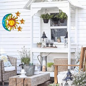 Sun Moon Star Wall Art Sculpture Decor - 4 PCS Large Metal Sun and Moon Wall Art Outdoor Sun Moon Wall Hanging Decor Artistic Sun Face Decor with Star Decors, Metal Wall Sculpture for Home Garden Patio Porch Fence Decoration