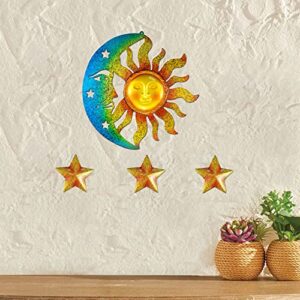 Sun Moon Star Wall Art Sculpture Decor - 4 PCS Large Metal Sun and Moon Wall Art Outdoor Sun Moon Wall Hanging Decor Artistic Sun Face Decor with Star Decors, Metal Wall Sculpture for Home Garden Patio Porch Fence Decoration