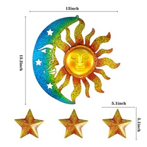 Sun Moon Star Wall Art Sculpture Decor - 4 PCS Large Metal Sun and Moon Wall Art Outdoor Sun Moon Wall Hanging Decor Artistic Sun Face Decor with Star Decors, Metal Wall Sculpture for Home Garden Patio Porch Fence Decoration