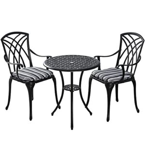 kinger home 3-piece outdoor patio bistro table and chair set of 2, cast aluminum patio furniture with cushion and umbrella hole, black