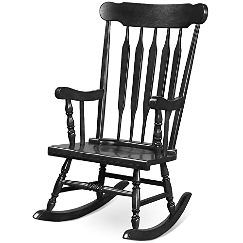 Giantex Outdoor Wood Rocking Chair - Patio Rocking Chair with Solid Frame, Slat Back, Outside & Indoor Rocker for Garden, Poolside, Balcony, Backyard, Fire Pit, Lawn, Front Porch Rocker(1, Black)