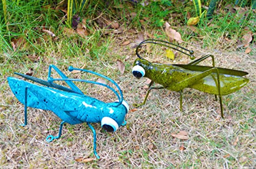 ShabbyDecor Metal Grasshopper Figurine Yard Art Locust Lawn Ornament Mantis Hanging Wall Sculpture Decoration Set of 2 ,Blue&Green