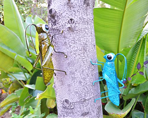 ShabbyDecor Metal Grasshopper Figurine Yard Art Locust Lawn Ornament Mantis Hanging Wall Sculpture Decoration Set of 2 ,Blue&Green