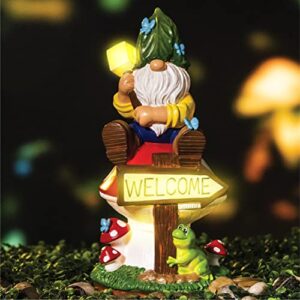 joiedomi garden gnome statue with solar led light, funny christmas gnomes figurines with welcome sign, gnomes garden decorations for table patio, yard, lawn ornaments (welcome)