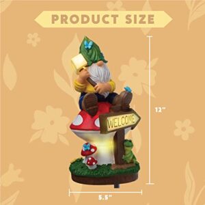 JOIEDOMI Garden Gnome Statue with Solar LED Light, Funny Christmas Gnomes Figurines with Welcome Sign, Gnomes Garden Decorations for Table Patio, Yard, Lawn Ornaments (Welcome)