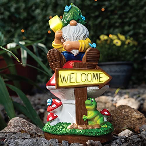 JOIEDOMI Garden Gnome Statue with Solar LED Light, Funny Christmas Gnomes Figurines with Welcome Sign, Gnomes Garden Decorations for Table Patio, Yard, Lawn Ornaments (Welcome)