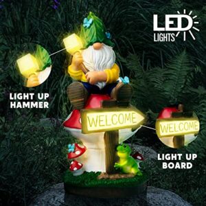 JOIEDOMI Garden Gnome Statue with Solar LED Light, Funny Christmas Gnomes Figurines with Welcome Sign, Gnomes Garden Decorations for Table Patio, Yard, Lawn Ornaments (Welcome)