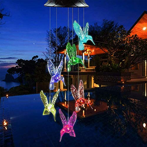 Solar Hummingbird Wind Chimes, Color Changing Solar Wind Chime Outdoor Waterproof Hummingbird LED Solar Lights, for Home/Yard/Night/Garden