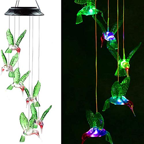 Solar Hummingbird Wind Chimes, Color Changing Solar Wind Chime Outdoor Waterproof Hummingbird LED Solar Lights, for Home/Yard/Night/Garden