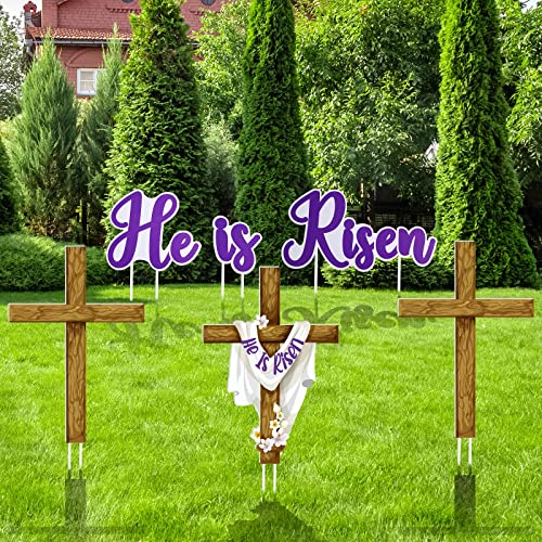 6 Pieces Happy Easter He Is Risen Yard Sign Decorations Rustic Cross Religious Easter Yard Sign Christian Easter Yard Decorations for Holiday Outdoor Lawn Decorations Garden Party Home Decor