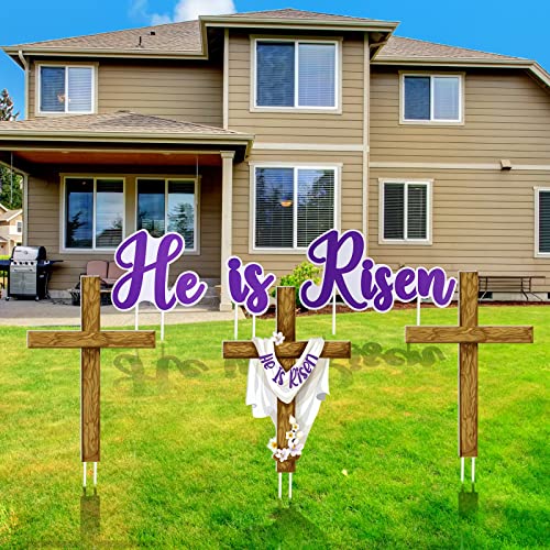 6 Pieces Happy Easter He Is Risen Yard Sign Decorations Rustic Cross Religious Easter Yard Sign Christian Easter Yard Decorations for Holiday Outdoor Lawn Decorations Garden Party Home Decor