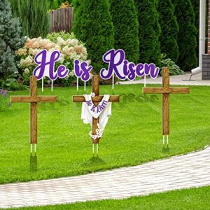 6 Pieces Happy Easter He Is Risen Yard Sign Decorations Rustic Cross Religious Easter Yard Sign Christian Easter Yard Decorations for Holiday Outdoor Lawn Decorations Garden Party Home Decor