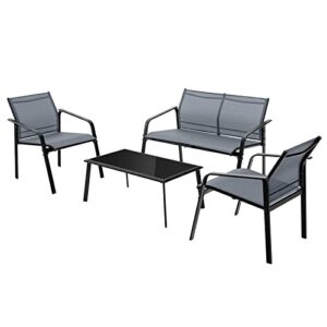 Tangkula 4 Pieces Patio Furniture Set, Outdoor Conversation Set with Tempered Glass Coffee Table, Outdoor Bistro Set with Fabric and Anti-Rust Steel Frame for Garden, Poolside and Backyard (Gray)