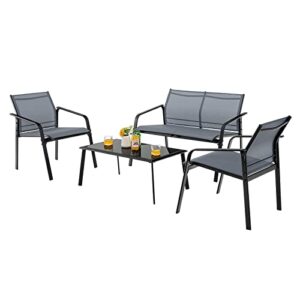 tangkula 4 pieces patio furniture set, outdoor conversation set with tempered glass coffee table, outdoor bistro set with fabric and anti-rust steel frame for garden, poolside and backyard (gray)