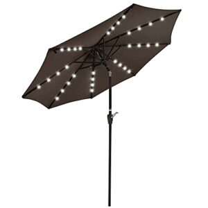 yescom 9′ outdoor solar powered led umbrella 8 ribs w/ 32 lights for patio garden deck crank tilt uv30 chocolate