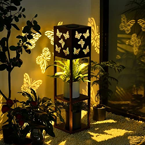 Goupfafa Solar Garden Lights, Butterfly Pattern Solar Pathway Lights, 2 Tier Metal Flower Stand Solar Landscape Lights Warm White, Decorative Patio Lawn Path Backyard（Butterfly）