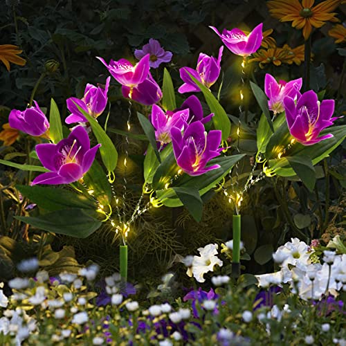 ALANAS Outdoor Solar Decorate Light, 2 Pack Dendrobium Orchid Garden Stake Lights with 7 Flowers, Waterproof LED Solar Powered Lights for Patio, Pathway, Courtyard, Garden Law.