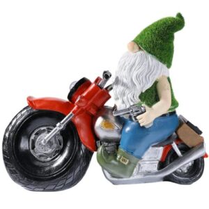 macaniace garden gnome riding a motorcycle statue large & interesting outdoor statuette with solar led lights creative decorations suitable for lawn terrace autumn (12.2×4.7×10.8 in)