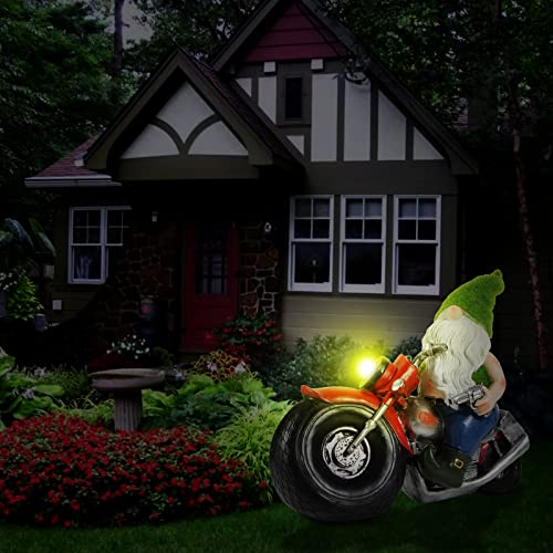 MACANIACE Garden gnome Riding a Motorcycle Statue Large & Interesting Outdoor Statuette with Solar LED Lights Creative Decorations Suitable for Lawn Terrace Autumn (12.2x4.7x10.8 in)