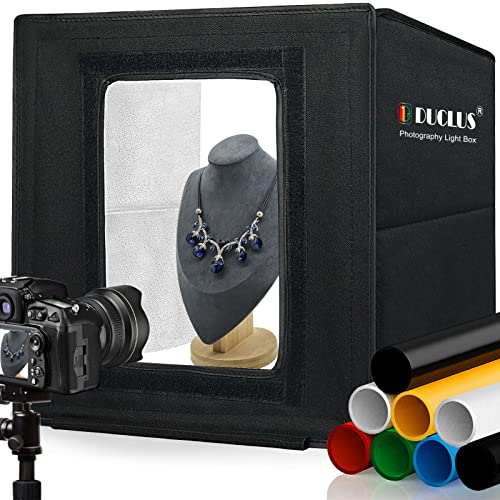 DUCLUS Light Box Photography, 16x16 inch Portable Photo Studio Box with 160 LED Dimmable Lights, 6 PVC & 2 Paper Backdrops for Product Photography.