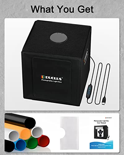 DUCLUS Light Box Photography, 16x16 inch Portable Photo Studio Box with 160 LED Dimmable Lights, 6 PVC & 2 Paper Backdrops for Product Photography.