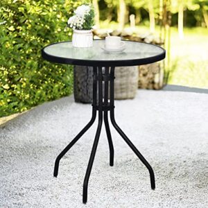 DIMAR GARDEN 24" Outdoor Side Table Patio Metal Round Bistro Coffee Table with Glass Top,Black