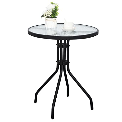 DIMAR GARDEN 24" Outdoor Side Table Patio Metal Round Bistro Coffee Table with Glass Top,Black